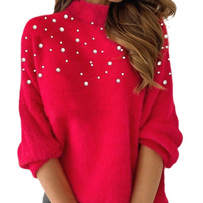 Beaded Turtleneck Long-sleeved Top