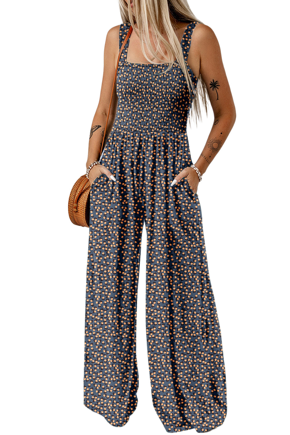 Floral Square Neckline Stretch High Waist Jumpsuit