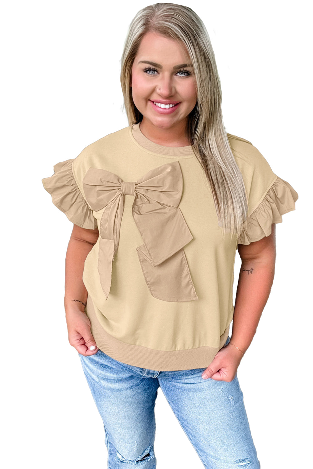 Parchment Ruffle Short Sleeve Bowknot Applique Plus Size Top