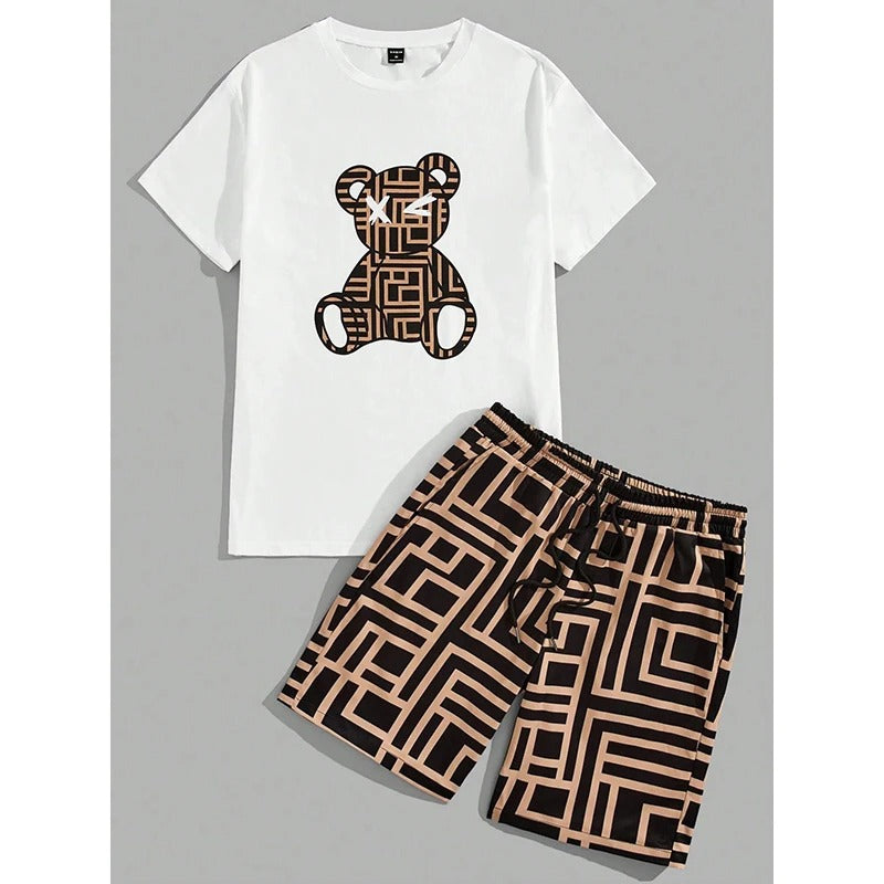 Bear Print T-shirt And Short Set - KESH FASHION 