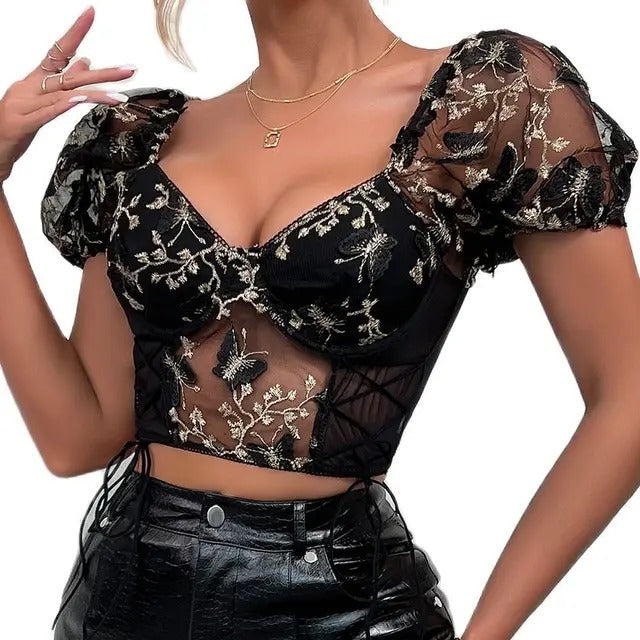 Backless Short Sleeve Sexy Cropped Top Blouse - KESH FASHION 