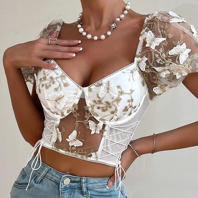 Backless Short Sleeve Sexy Cropped Top Blouse - KESH FASHION 