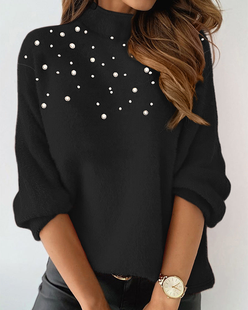 Beaded Turtleneck Long-sleeved Top