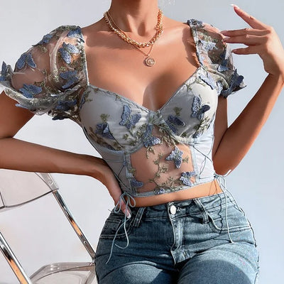 Backless Short Sleeve Sexy Cropped Top Blouse - KESH FASHION 