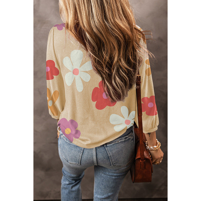 Flower Floral Print Long Sleeve Pullover