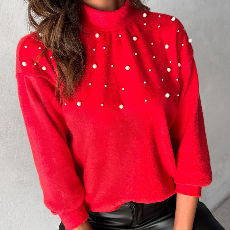 Beaded Turtleneck Long-sleeved Top