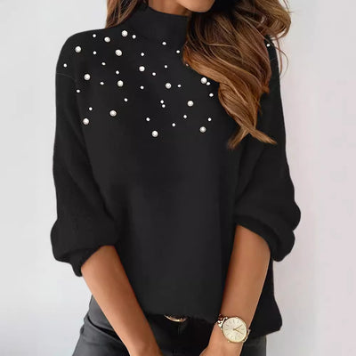 Beaded Turtleneck Long-sleeved Top