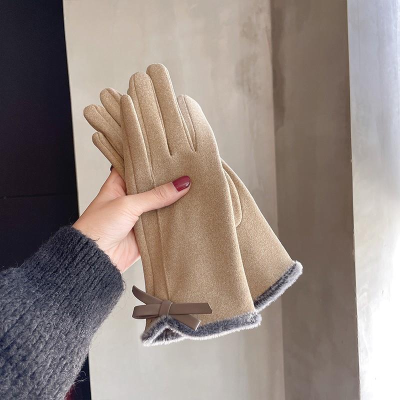 Warm Gloves Winter Women's Korean-style Cute Bow Fleece-lined Thickened