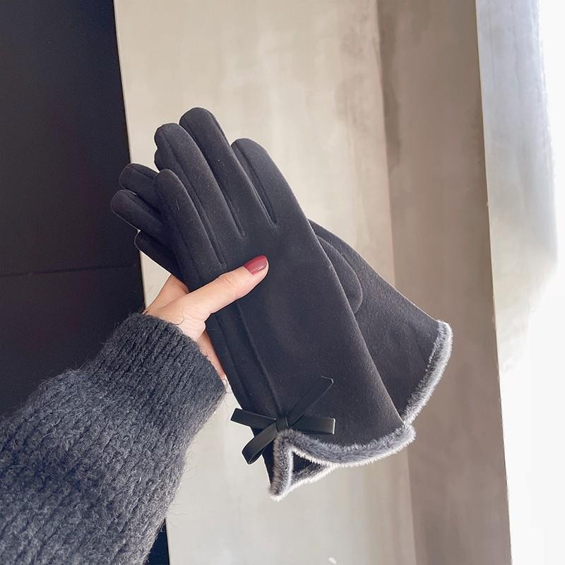 Warm Gloves Winter Women's Korean-style Cute Bow Fleece-lined Thickened