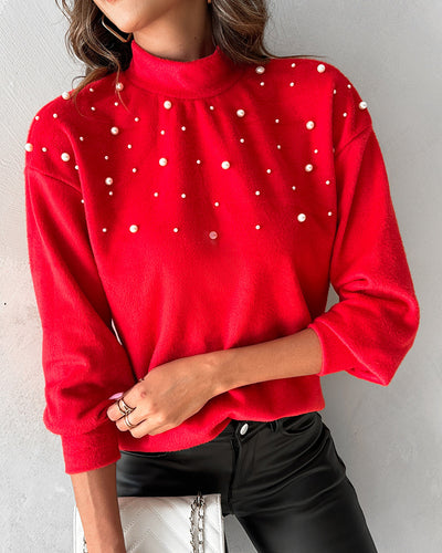 Beaded Turtleneck Long-sleeved Top