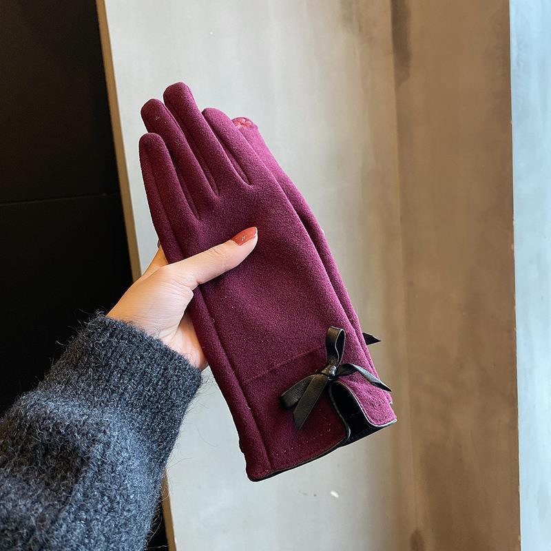 Warm Gloves Winter Women's Korean-style Cute Bow Fleece-lined Thickened