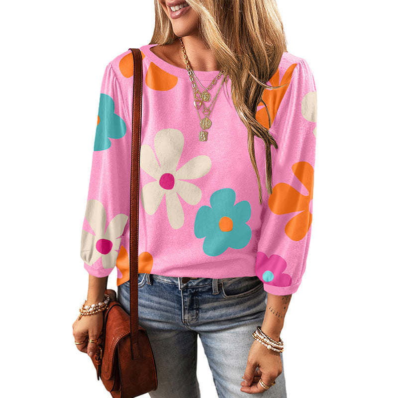 Flower Floral Print Long Sleeve Pullover