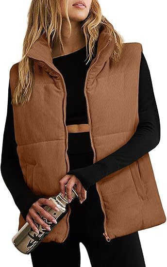 Women's Fashion Leisure Corduroy Plaid Zipper Cotton Vest