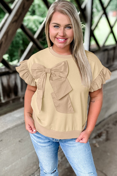 Parchment Ruffle Short Sleeve Bowknot Applique Plus Size Top