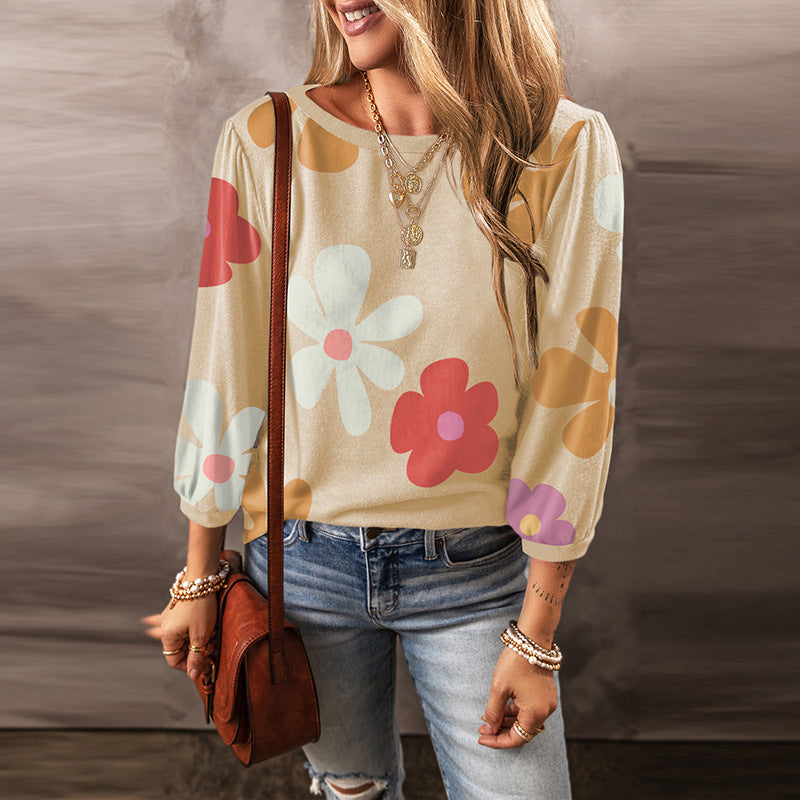 Flower Floral Print Long Sleeve Pullover