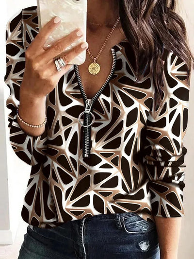 Elegant Women's Zipper Blouse Top Casual Print Long Sleeve - KESH FASHION 