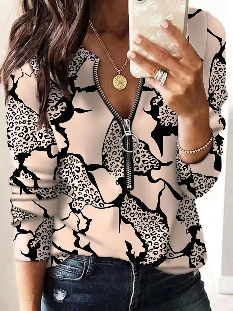 Elegant Women's Zipper Blouse Top Casual Print Long Sleeve - KESH FASHION 