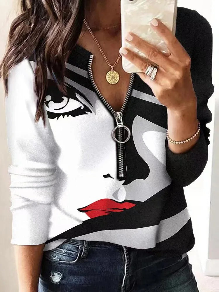 Elegant Women's Zipper Blouse Top Casual Print Long Sleeve - KESH FASHION 