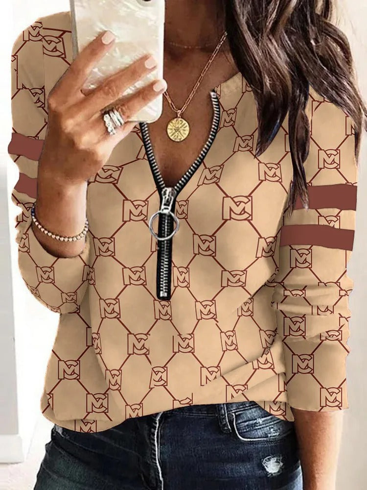 Elegant Women's Zipper Blouse Top Casual Print Long Sleeve - KESH FASHION 