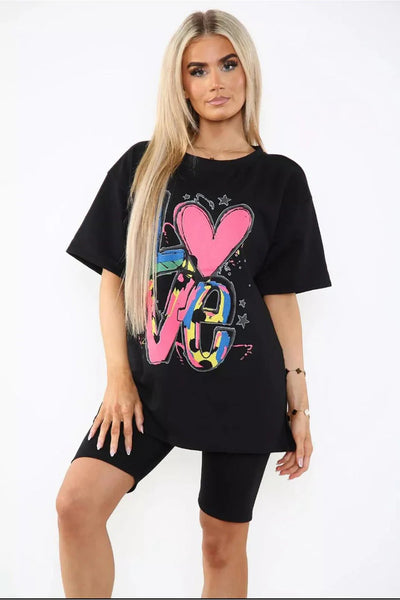 Love Side Slit Cycling Short and T-Shirts Co-Ord Two Piece Set with Front Love Slogan