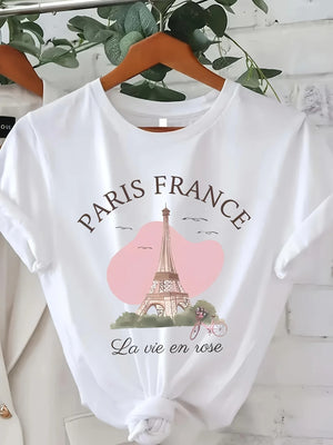 Eiffel Tower Print T-shirt Short Sleeve Crew Neck Casual Top - KESH FASHION 