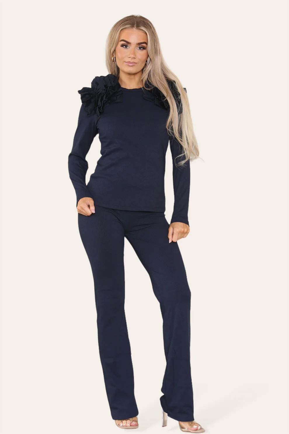 Ruffle Frill Shoulder Ribbed Loungewear Co-Ord Top & Trouser Set