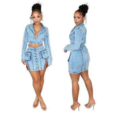 Fashion Personality Slim Fit Denim Skirt Suit