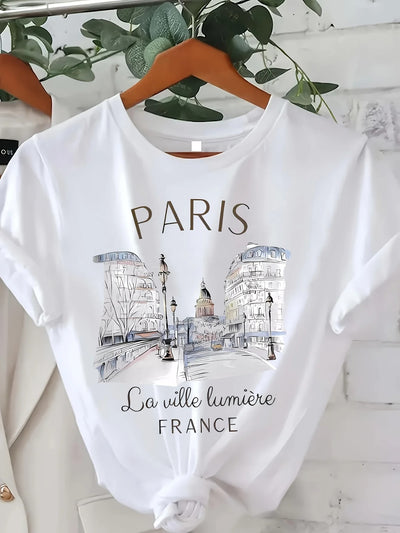 Paris Print Short Sleeve Crew Neck Casual Top - KESH FASHION 