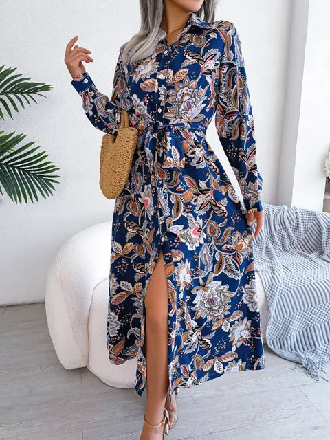 Retro Floral Collar Long Sleeve Tie Up Shirt Dress - KESH FASHION 