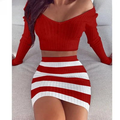 V-neck Long Sleeve Knit Top Mini Dress 2-piece Set - KESH FASHION 