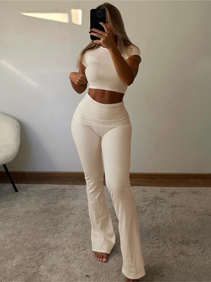 Ribbed Co Ord Two Piece Set Short Sleeve Crop Top and Flare Pants Sets - KESH FASHION 