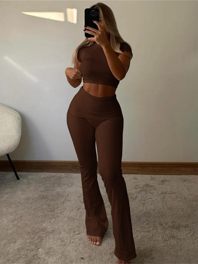 Ribbed Co Ord Two Piece Set Short Sleeve Crop Top and Flare Pants Sets - KESH FASHION 