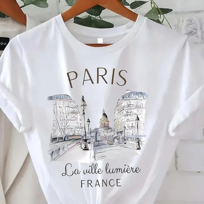 Paris Print Short Sleeve Crew Neck Casual Top - KESH FASHION 