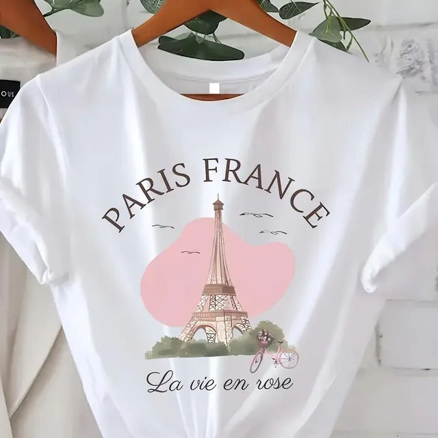 Eiffel Tower Print T-shirt Short Sleeve Crew Neck Casual Top - KESH FASHION 