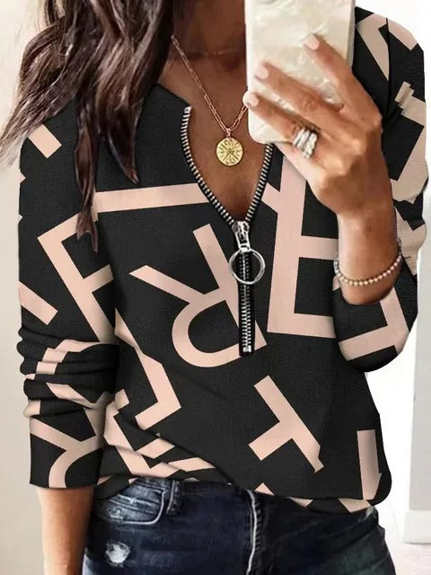 Elegant Women's Zipper Blouse Top Casual Print Long Sleeve - KESH FASHION 