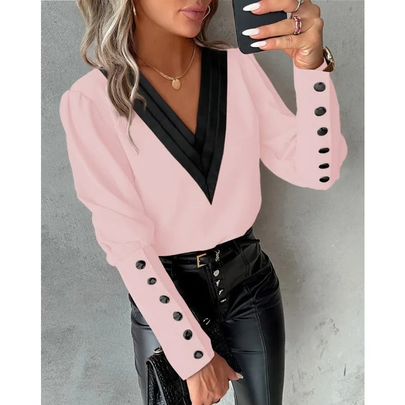 Women's Shirt Fashion V-neck Solid Color Long Sleeved Button Shirt - KESH FASHION 