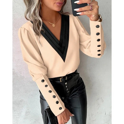 Women's Shirt Fashion V-neck Solid Color Long Sleeved Button Shirt - KESH FASHION 