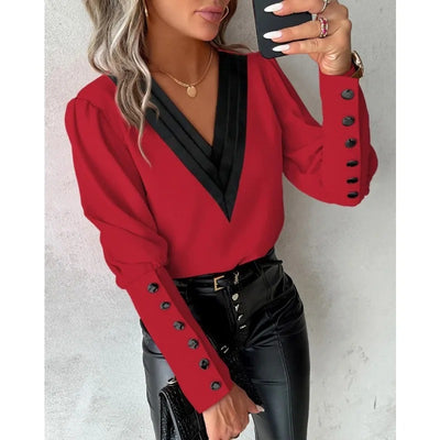 Women's Shirt Fashion V-neck Solid Color Long Sleeved Button Shirt - KESH FASHION 