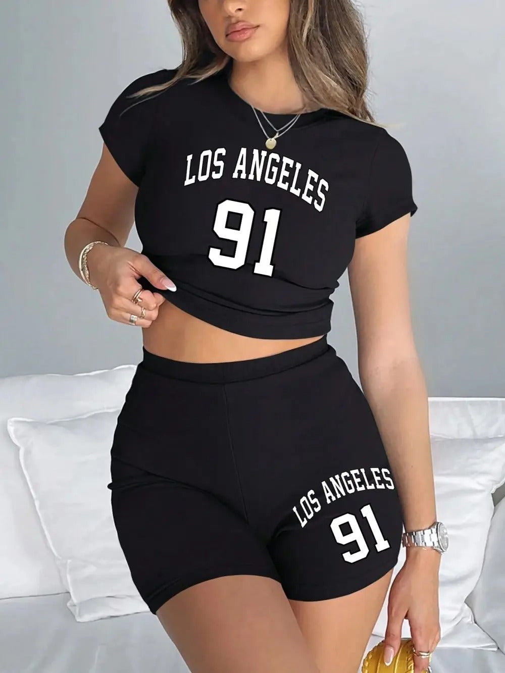 Women Slim Crop T-Shirts & Shorts Two Pieces Set - KESH FASHION 