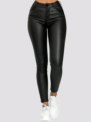 High Waist Stretchy Slant Pocket PU Leather pants - KESH FASHION 