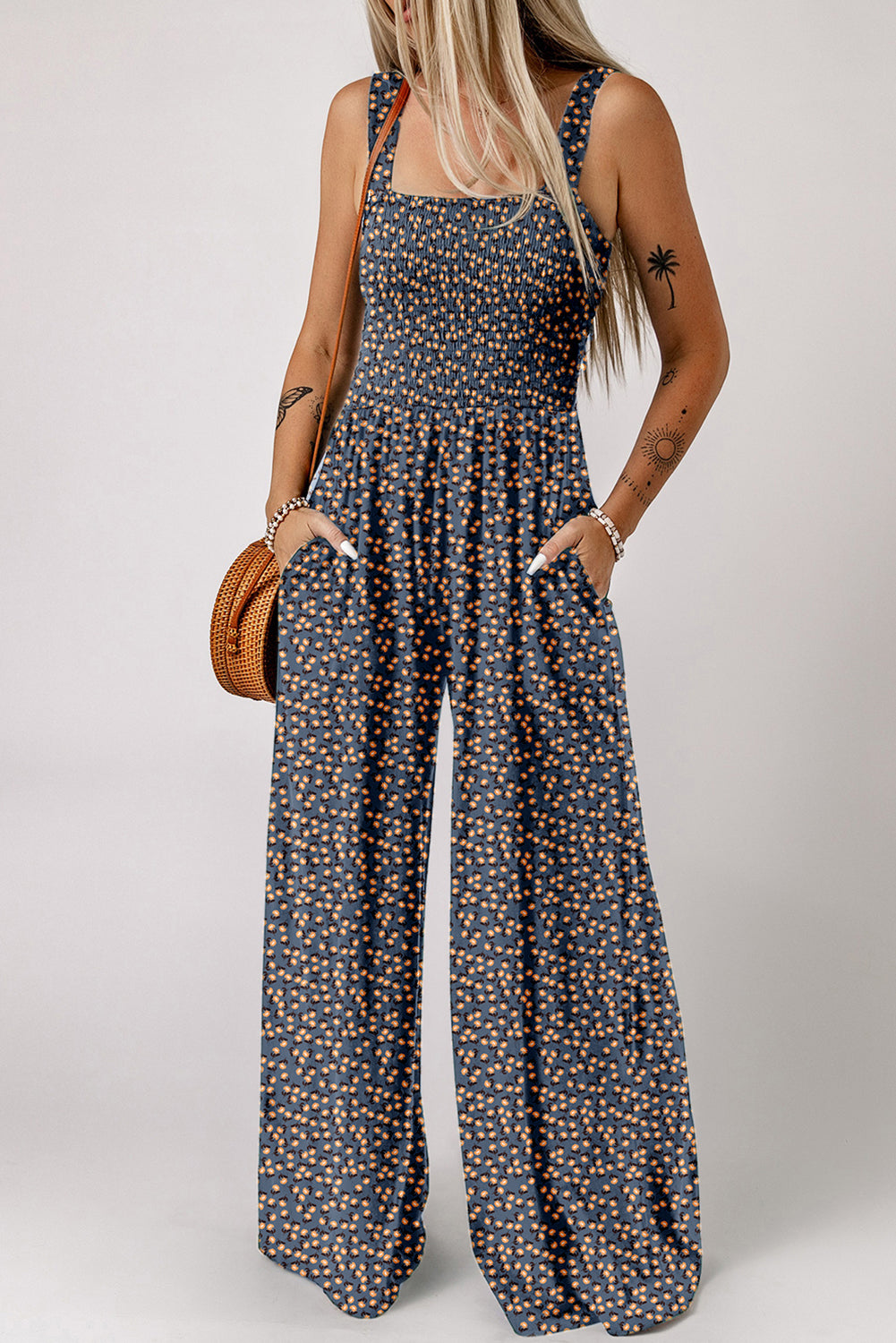 Floral Square Neckline Stretch High Waist Jumpsuit