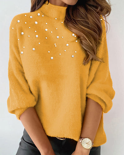 Beaded Turtleneck Long-sleeved Top