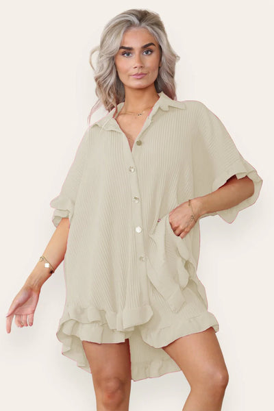 Women’s Casual Oversized Gold Button Pleated Frilled Ruffle Short Sleeves Shirt Top and Short Co-Ord Set