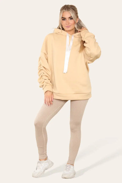 Oversized Ruched Sleeves Hoodie With Satin Ribbon