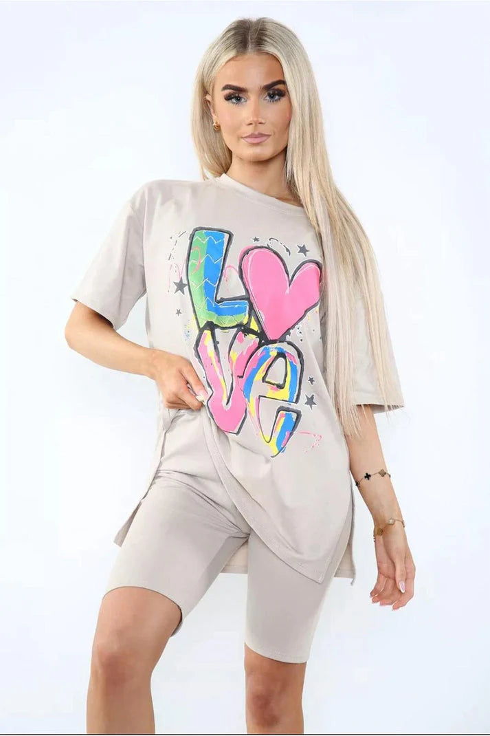 Love Side Slit Cycling Short and T-Shirts Co-Ord Two Piece Set with Front Love Slogan