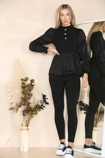 Long Ruched Sleeves Ribbed Peplum Diamond Buttons Frilled Hem Lounge Wear Co-Ord Set