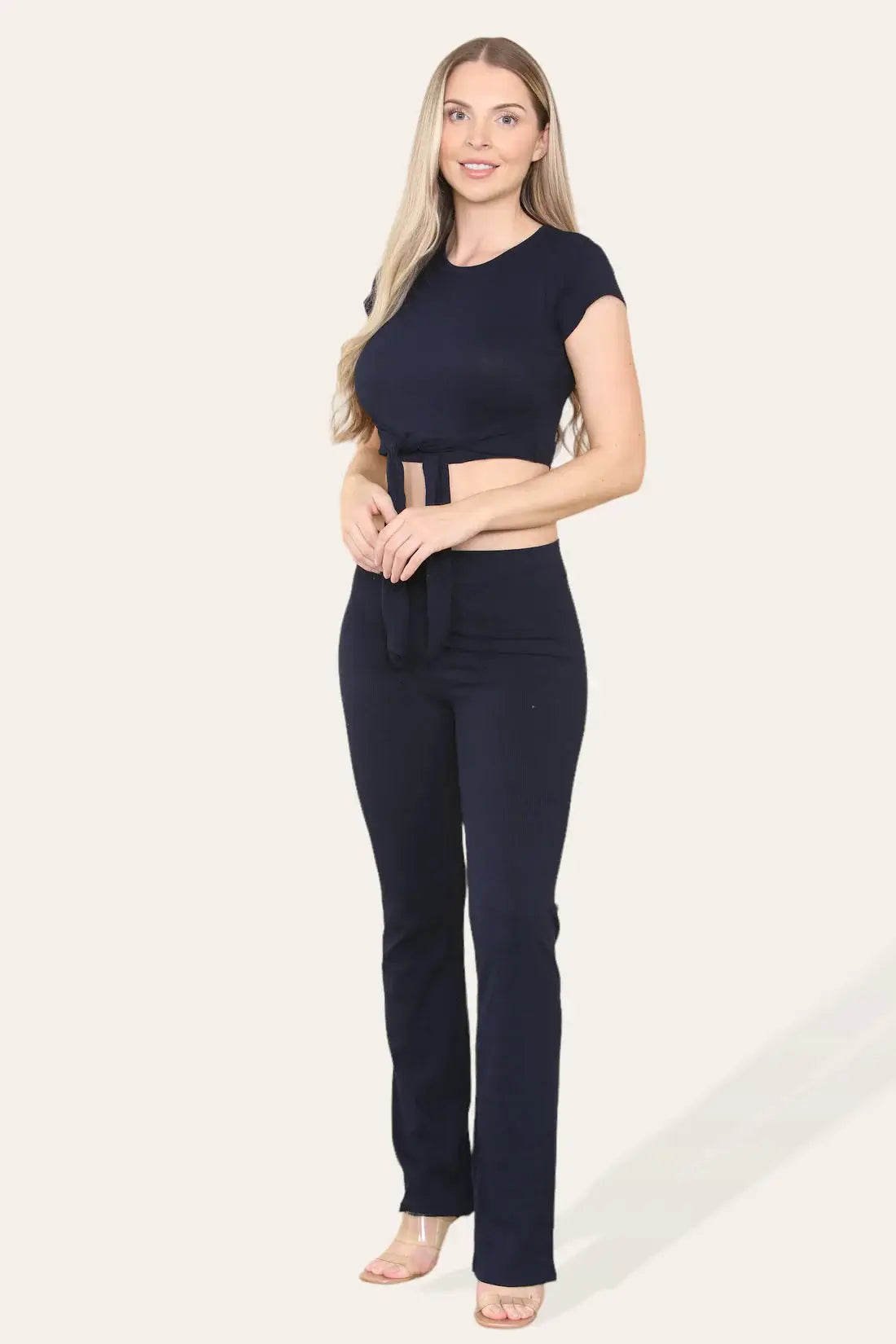 Tie Belt Front Cropped Loungewear Ribbed Trousers Set