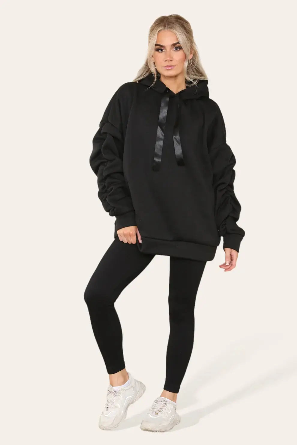 Oversized Ruched Sleeves Hoodie With Satin Ribbon