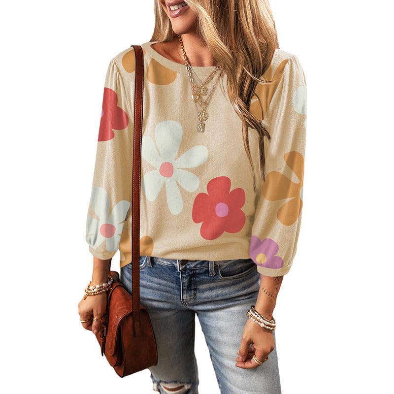 Flower Floral Print Long Sleeve Pullover