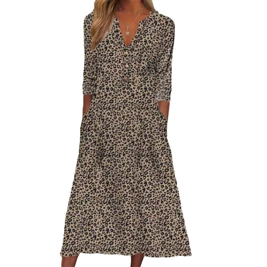 Fashion Pocket V-neck Buttons Long Sleeve Leopard Print Dress